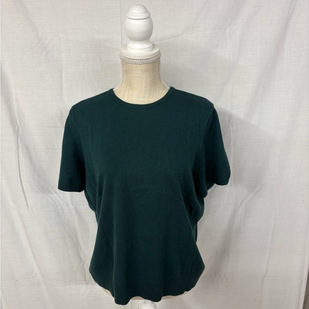 Lands End Classic Crewneck Short Sleeve Sweater Top - Dark Green Emerald Spring